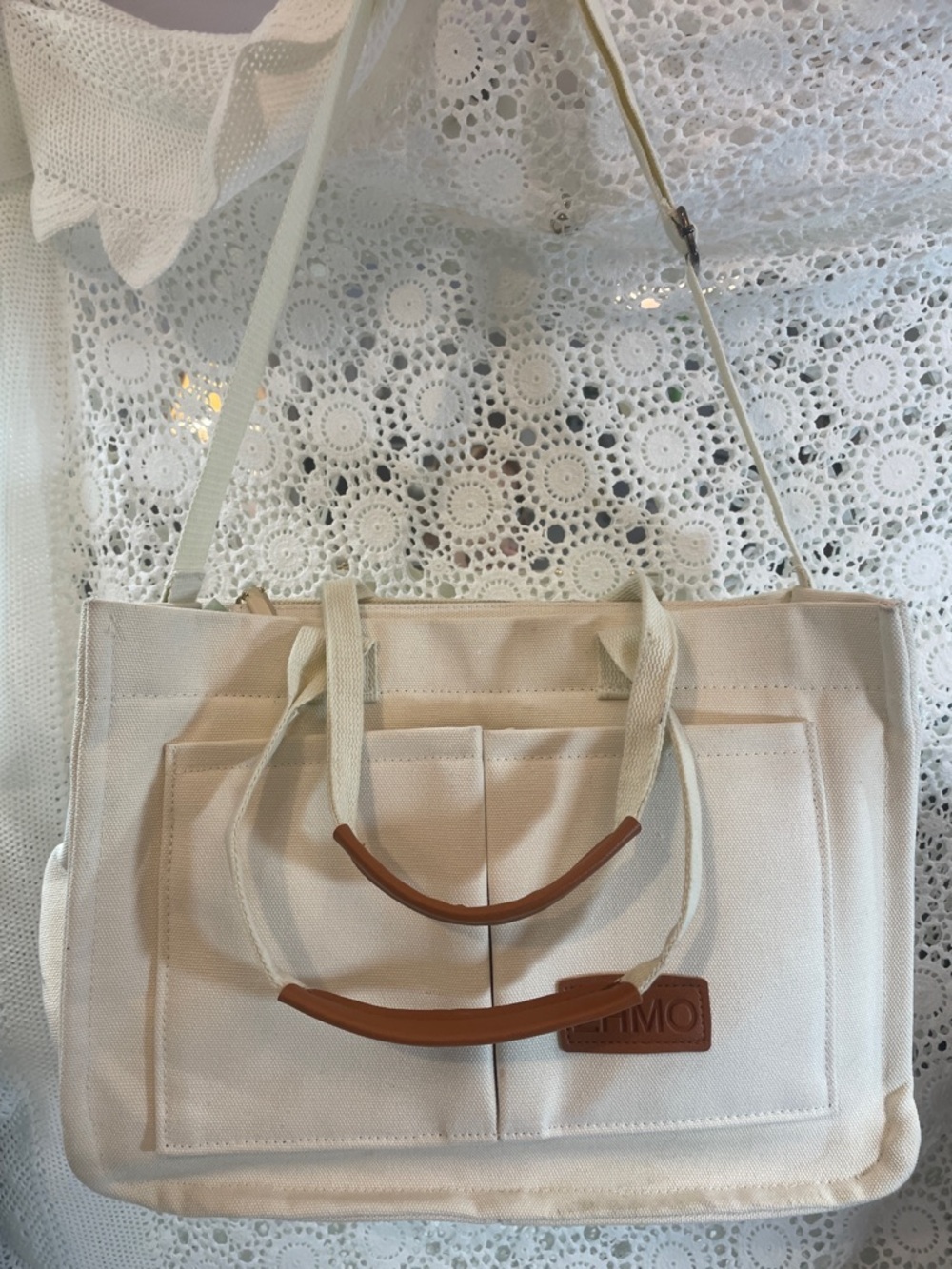 Canvas Tote Shoulder Bag in Cream W/ Brown Accents 14”L 10” T, 5” W versatile